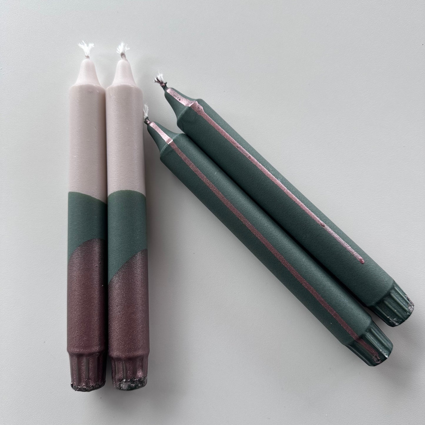 4 pk stearinlys, grønn/beige/kobber