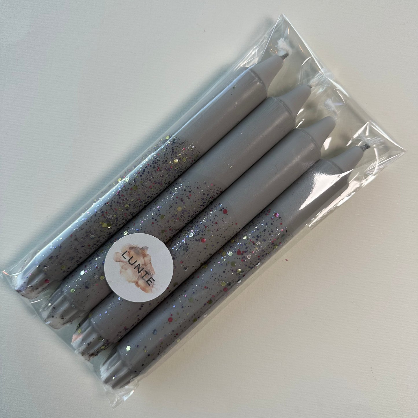 4 pk stearinlys, Grå/Flerfarget Glitter