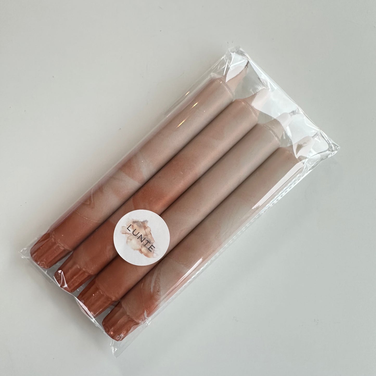 4 pk stearinlys, beige/kobber/marmorert